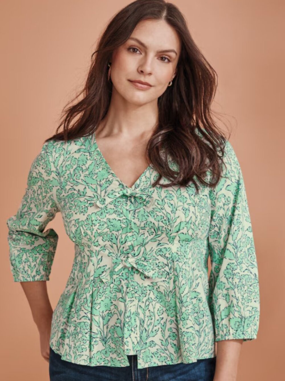 NWT J Jill Pleated Tie Front top in fresh mint garden illustration - XL